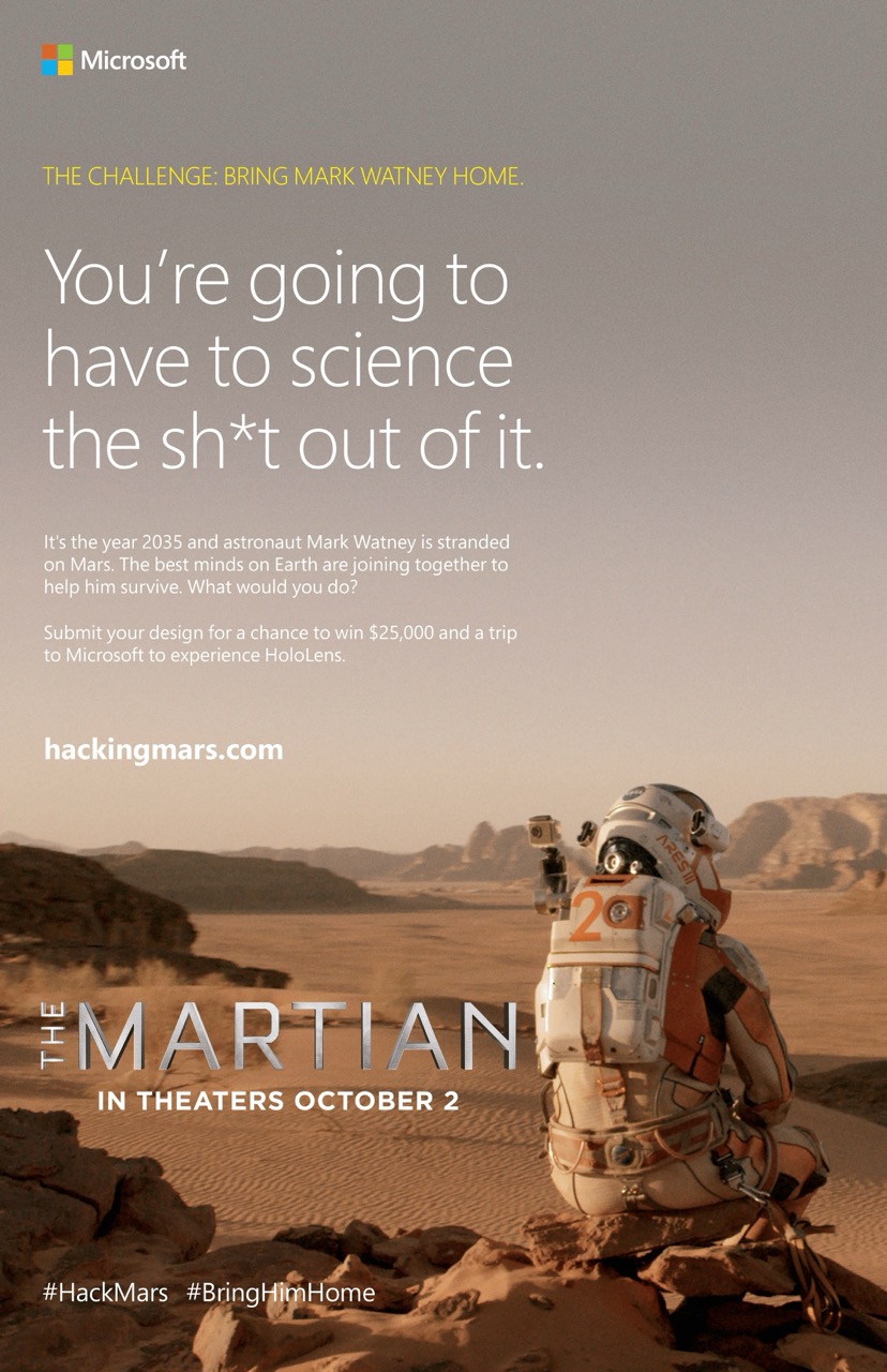 Poster for the Martian movie with the headline, You're going to have to science the sh*t out of it.