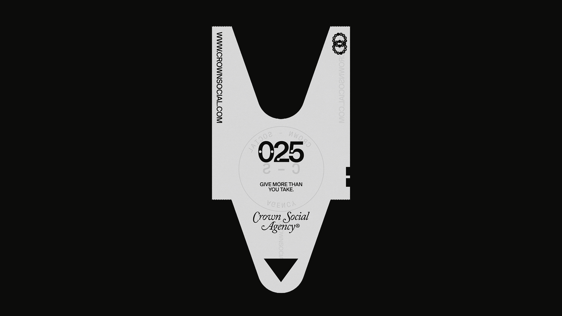 Take-a-number symbolic hero graphic by Crown Social Agency with the number sequence 025 and the phrase give more than you take plus the URL crownsocial.com